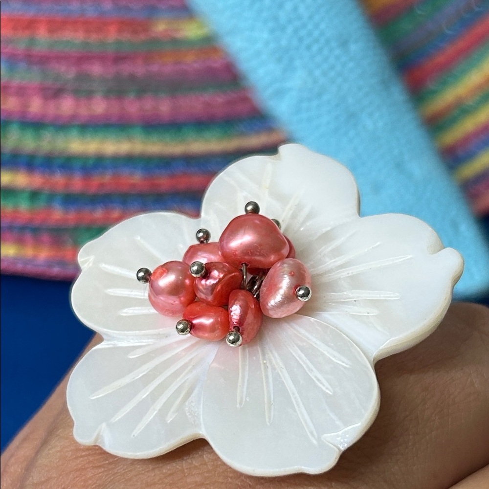Handcrafted White Flower Mop Statement Ring With … - image 3
